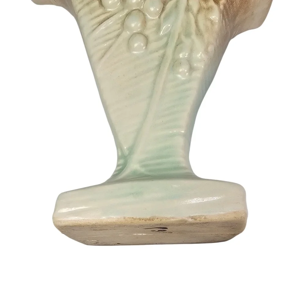 Vintage Ceramic Fan Vase Embossed Grape‎ Leaf Seafoam Green Brown Mid Century
